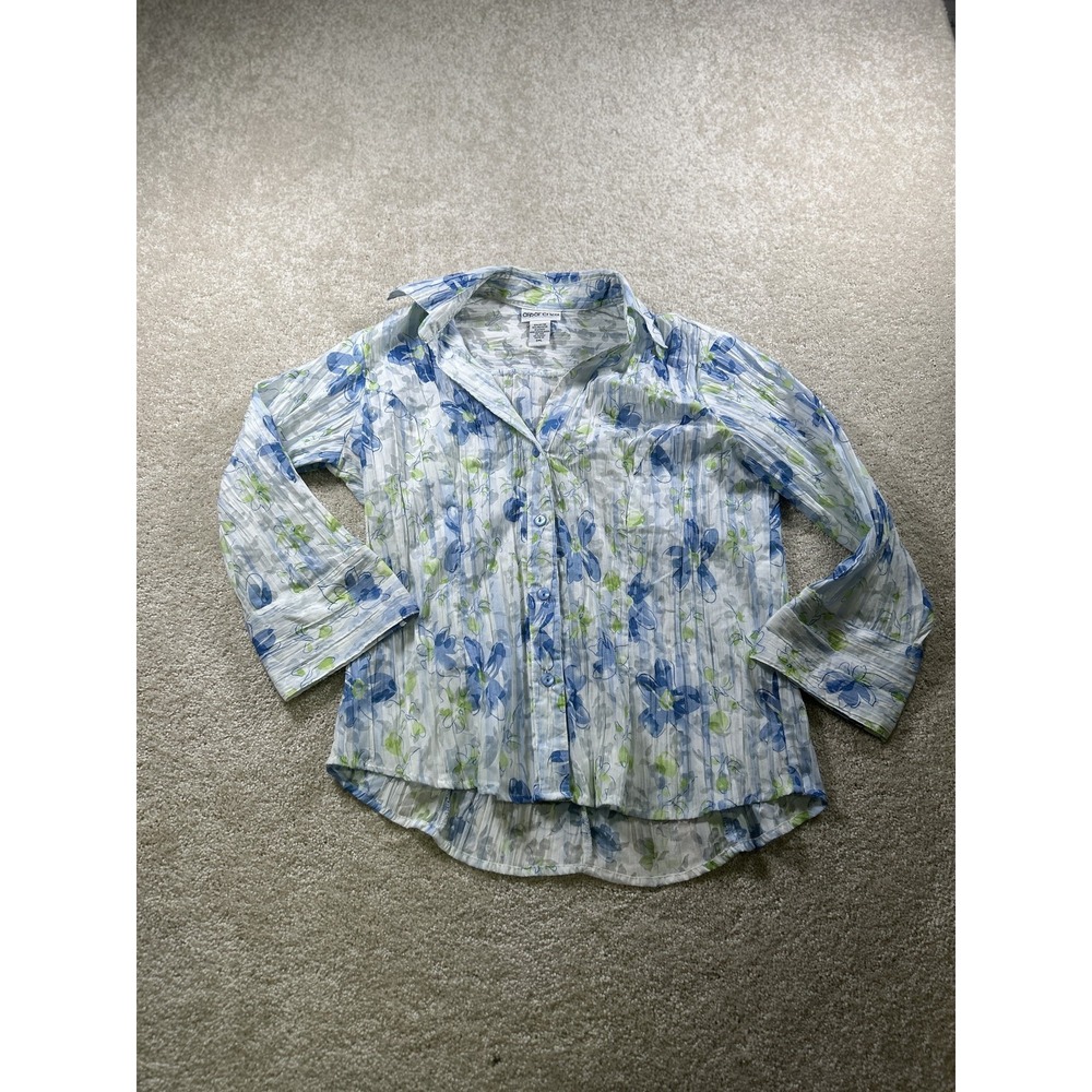 Apparenza Shirt Womens Small Blue Green Floral Button‎ Up Crinkle Blouse Sheer